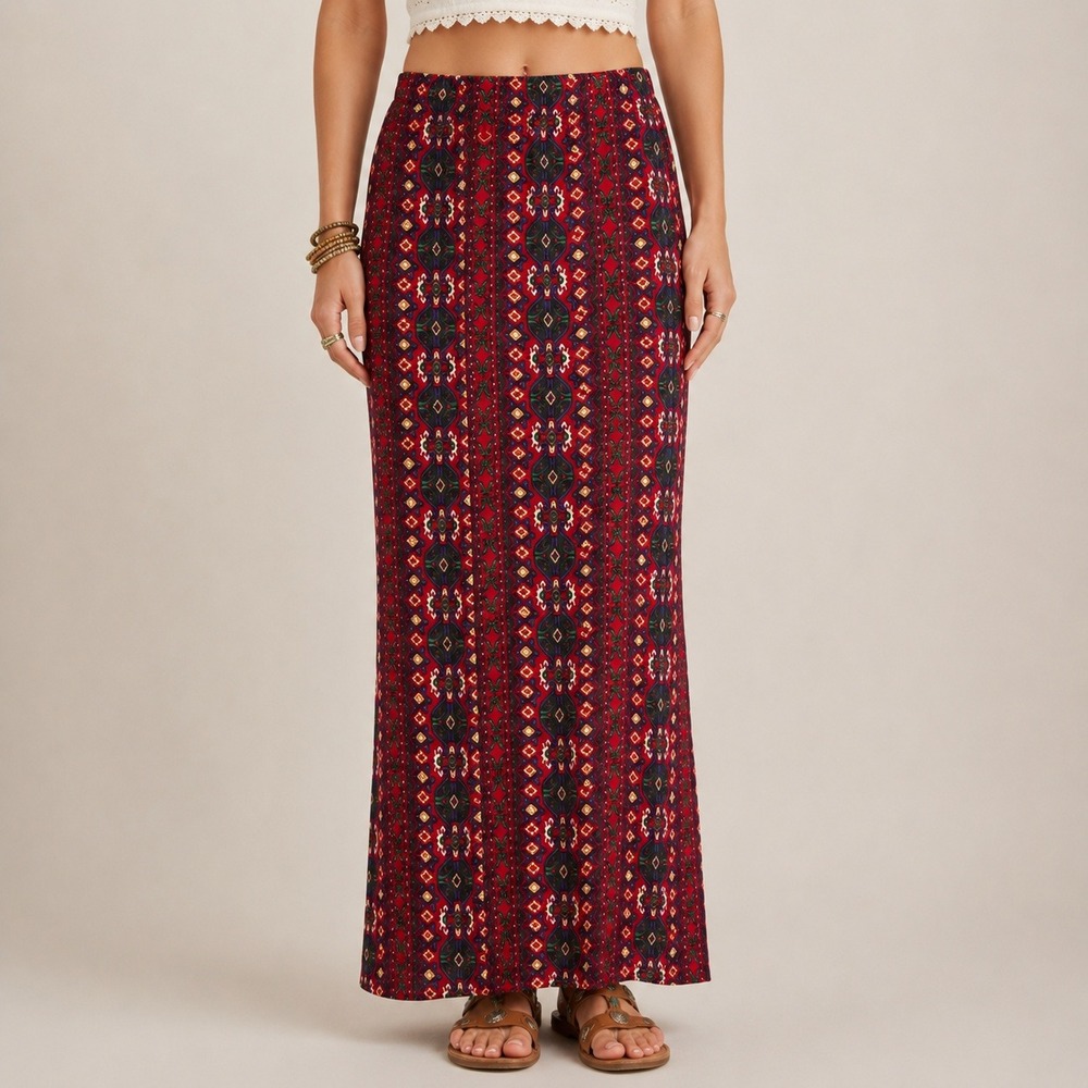 Boho Red Geometric Tribal Print Elastic Waist Maxi Skirt Medium